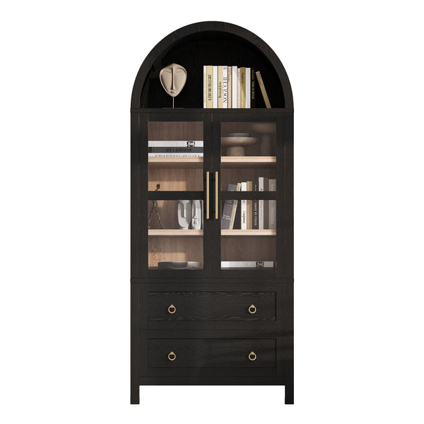 English Elm K&K 71" Arched Kitchen Pantry Cabinet with Glass Doors, Adjustable Shelves, Soft-Close Drawers Black N707P288972B