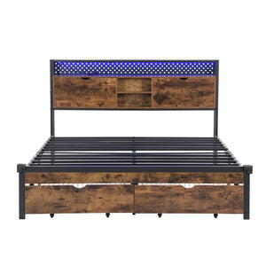 English Elm Full Size Metal Platform Bed with Wooden Headboard, LED Lights, USB Charging, 2 Drawers, 600 lb Capacity W2297P236951