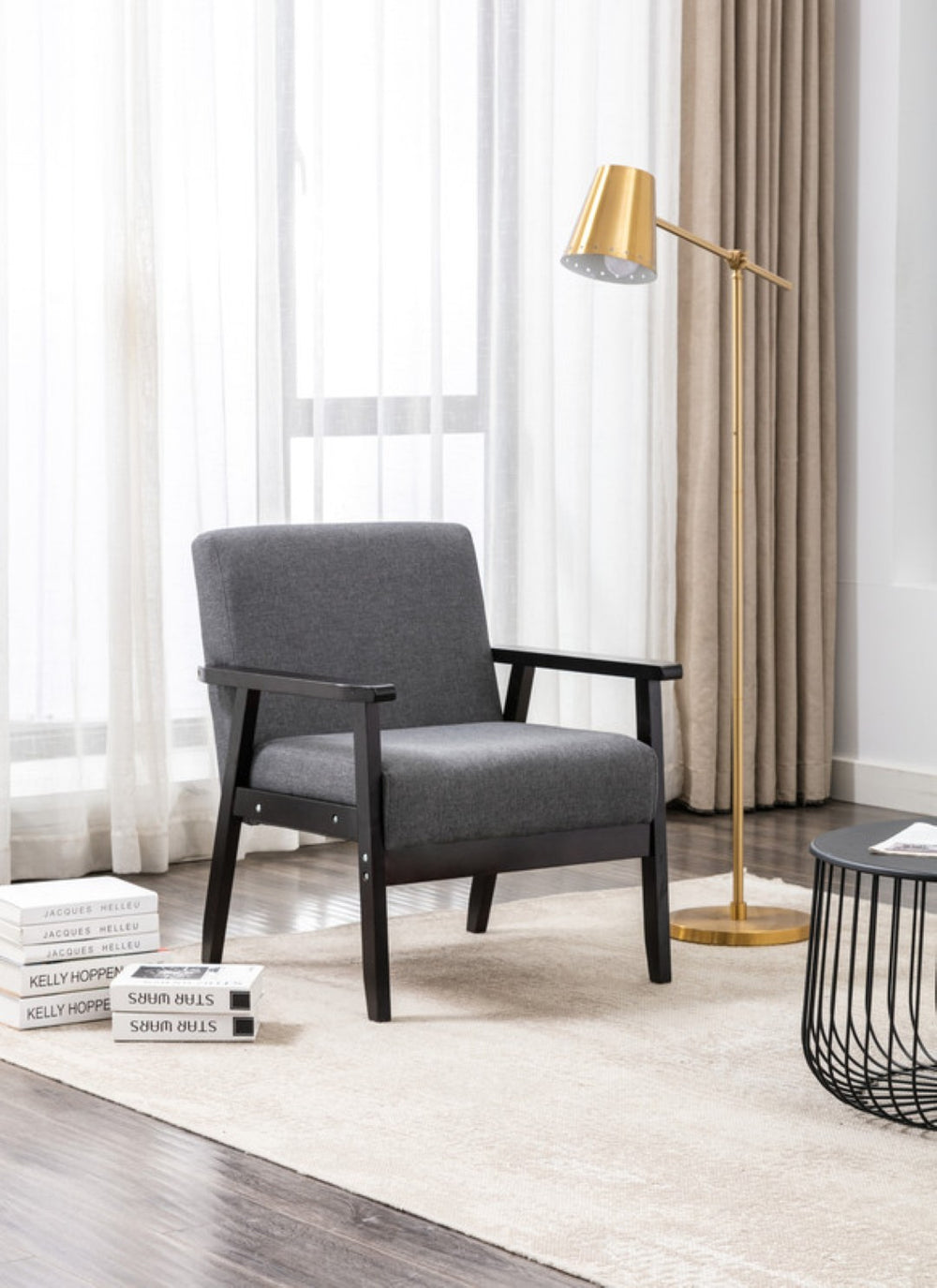 English Elm Bari Mid-century Modern Accent Chair Linen Upholstery Espresso Wood Arms Compact B2749P413364