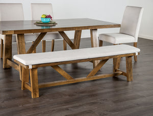 English Elm Modern Rustic Upholstered Bench 59.5" with Brown Cushion on White Trestle Base — Farmhouse Comfort B2741P366713