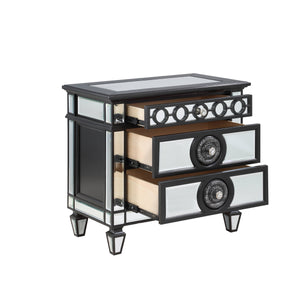 English Elm Varian Mirrored Nightstand with Crystal Knobs, Sunburst Trim & Felt-Lined Drawer — Black/Silver Finish B2726P303758