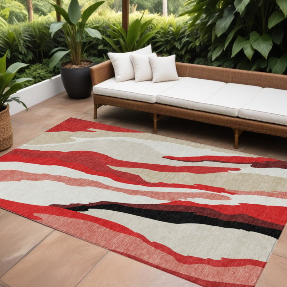 HomeRoots 9' X 12' Washable Abstract Area Rug in Red, Black & Beige - Durable Indoor/Outdoor Style & Comfort 601000