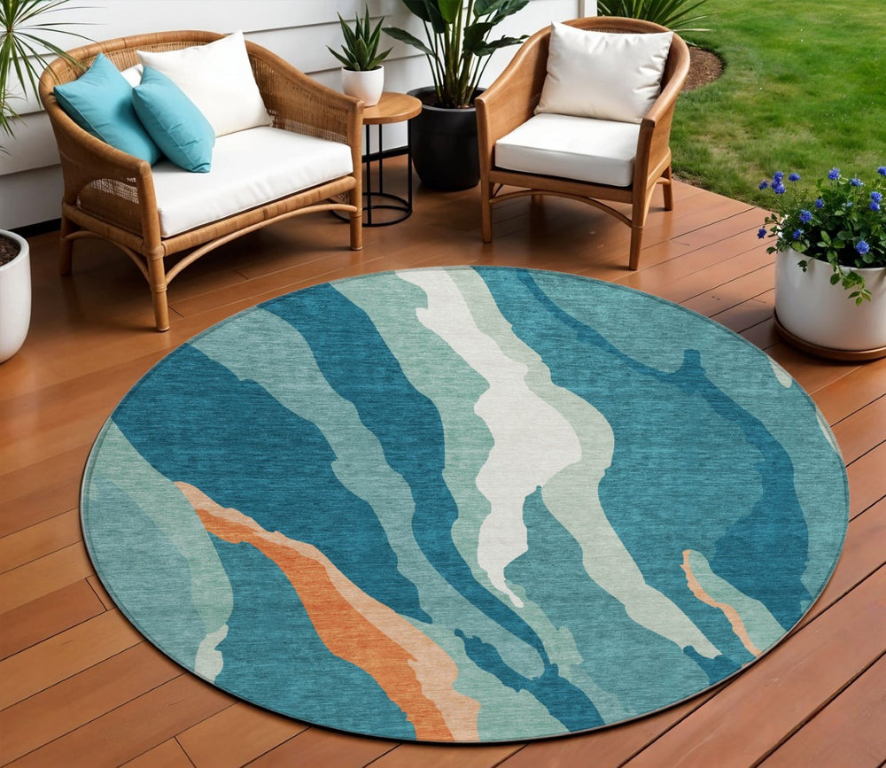 HomeRoots 5' Teal Blue Copper Ivory Abstract Area Rug - Durable, Washable Design for Indoor and Outdoor Spaces 8' Round 601010