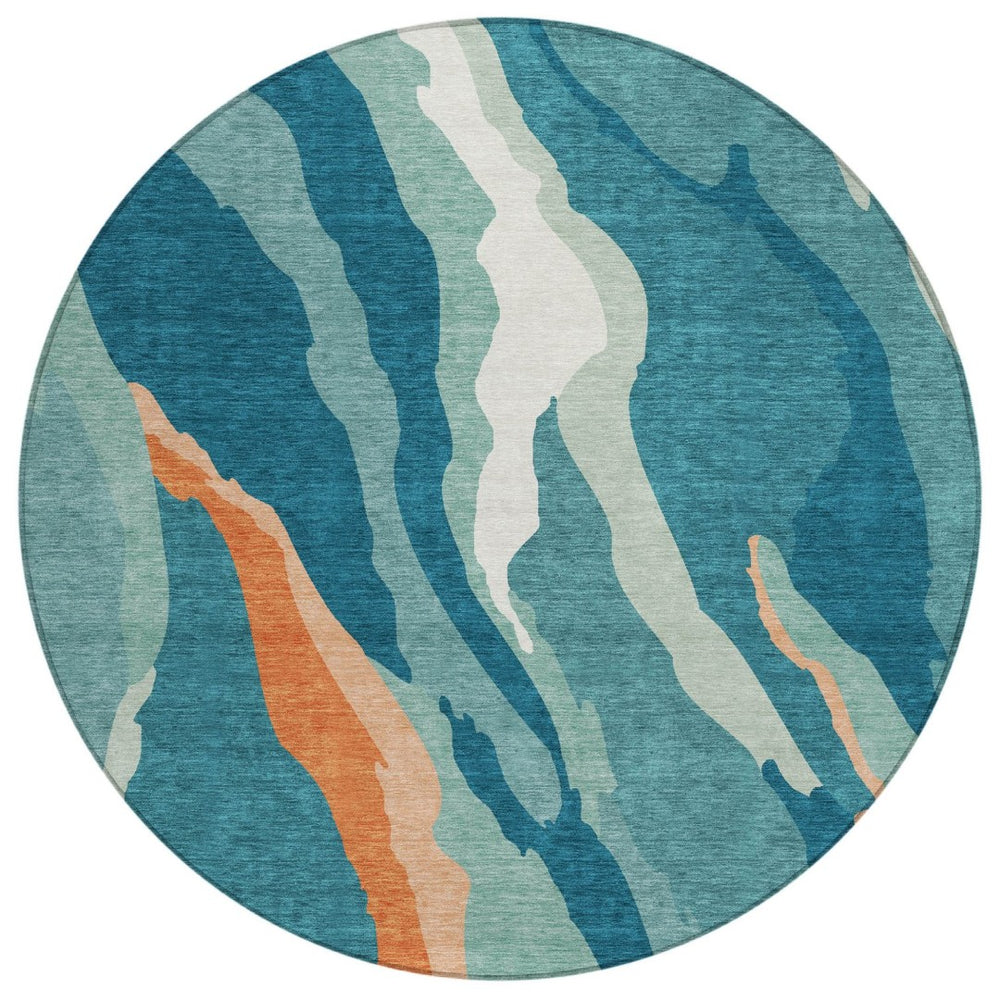 HomeRoots 5' Teal Blue Copper Ivory Abstract Area Rug - Durable, Washable Design for Indoor and Outdoor Spaces 8' Round 601010