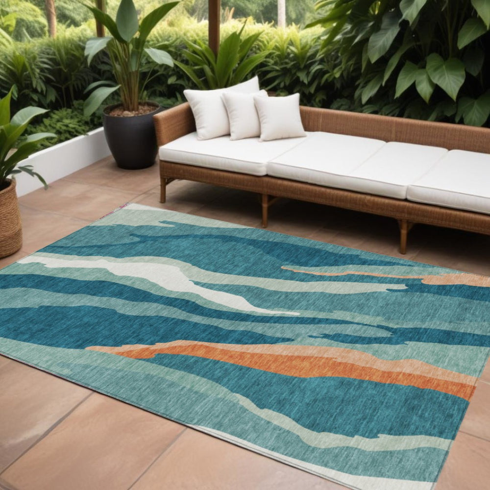 HomeRoots 9' X 12' Teal Blue Copper Ivory Abstract Area Rug - Washable, Stylish, Durable for Indoor & Outdoor Spaces 601012