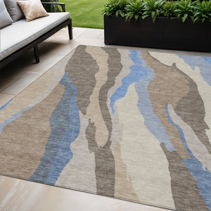 Homeroots 3' Beige Brown And Gray Abstract Washable Area Rug - Perfect For Indoor And Outdoor Spaces 5' X 8' Polyester 601015