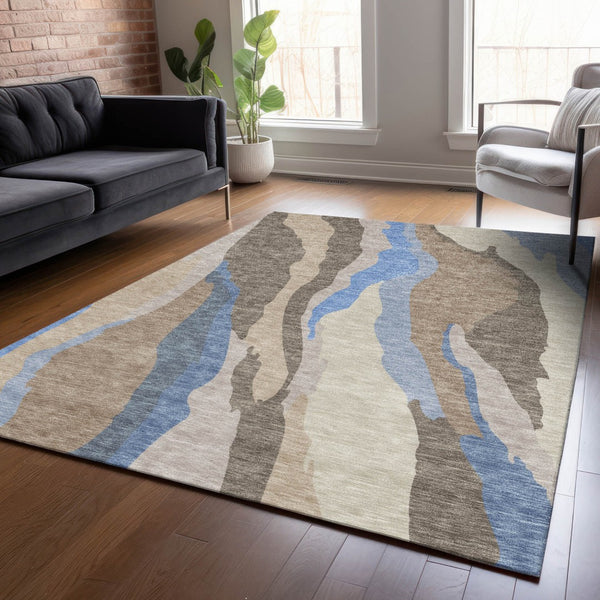 Homeroots 3' Beige Brown And Gray Abstract Washable Area Rug - Perfect For Indoor And Outdoor Spaces 5' X 8' Polyester 601015
