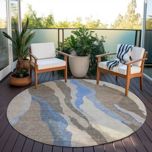 Homeroots 3' Beige Brown And Gray Abstract Washable Area Rug - Perfect For Indoor And Outdoor Spaces 8' Round Polyester 601016