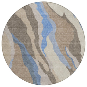 HomeRoots 5' Stylish Taupe Tan and Blue Abstract Washable Area Rug for Indoor/Outdoor Spaces - Easy Care! 8' Round 601016