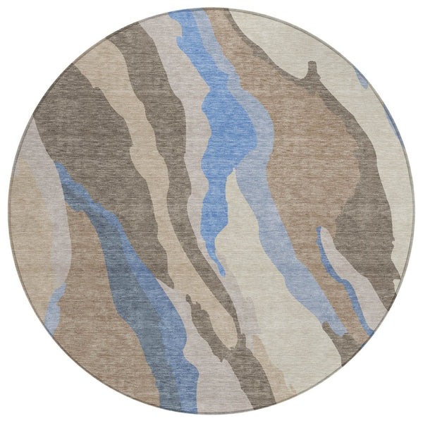 HomeRoots 5' Stylish Taupe Tan and Blue Abstract Washable Area Rug for Indoor/Outdoor Spaces - Easy Care! 8' Round 601016