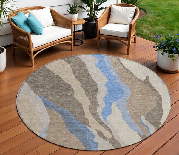 Homeroots 3' Beige Brown And Gray Abstract Washable Area Rug - Perfect For Indoor And Outdoor Spaces 8' Round Polyester 601016
