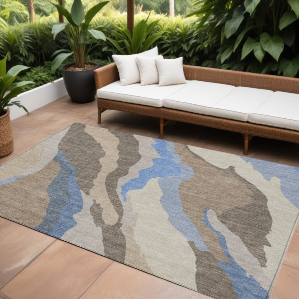 HomeRoots 5' Stylish Taupe Tan and Blue Abstract Washable Area Rug for Indoor/Outdoor Spaces - Easy Care! 10' X 14' 601019
