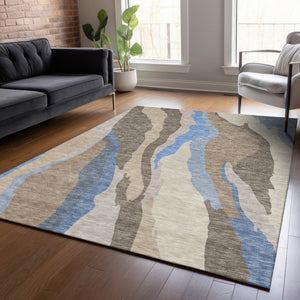 Homeroots 3' Beige Brown And Gray Abstract Washable Area Rug - Perfect For Indoor And Outdoor Spaces 10' X 14' Polyester 601019