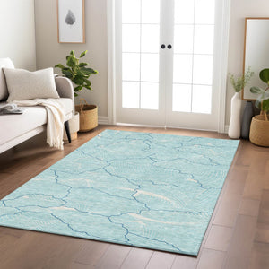 Homeroots 3' Aqua And Ivory Abstract Washable Indoor-outdoor Area Rug For Stylish Living Spaces & Patios 3' X 5' Polyester 601020