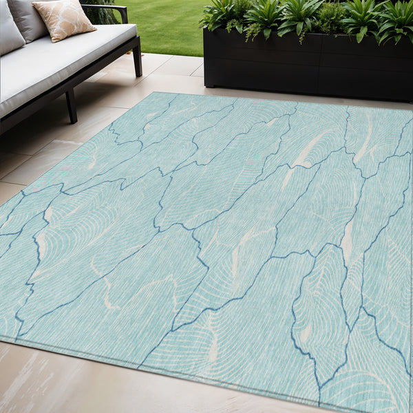 Homeroots 3' Aqua And Ivory Abstract Washable Indoor-outdoor Area Rug For Stylish Living Spaces & Patios 5' X 8' Polyester 601021