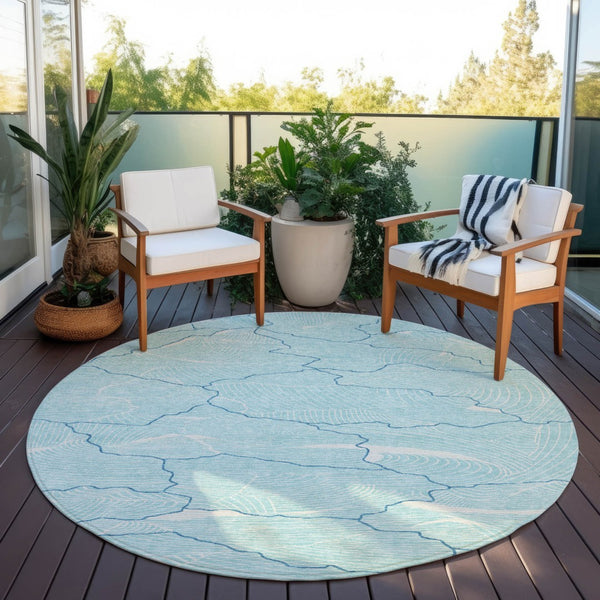 Homeroots 3' Aqua And Ivory Abstract Washable Indoor-outdoor Area Rug For Stylish Living Spaces & Patios 8' Round Polyester 601022