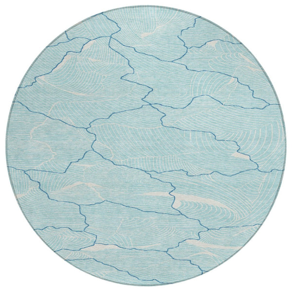 HomeRoots 5' Aqua and Ivory Abstract Area Rug - Stylish, Washable, Durable Design for Indoor & Outdoor Use 8' Round 601022
