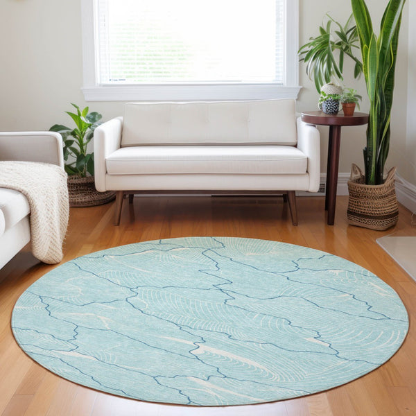 Homeroots 3' Aqua And Ivory Abstract Washable Indoor-outdoor Area Rug For Stylish Living Spaces & Patios 8' Round Polyester 601022