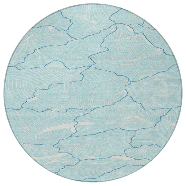 Homeroots 3' Aqua And Ivory Abstract Washable Indoor-outdoor Area Rug For Stylish Living Spaces & Patios 8' Round Polyester 601022