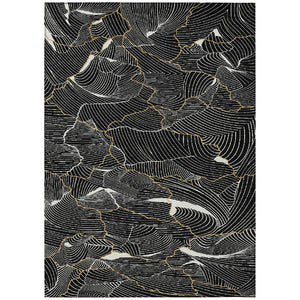 HomeRoots 5' Stunning Black Ivory Gold Abstract Washable Rug for Indoor Outdoor Spaces – Stylish & Durable 5' X 8' 601033