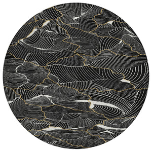 HomeRoots 5' Stunning Black Ivory Gold Abstract Washable Rug for Indoor Outdoor Spaces – Stylish & Durable 8' Round 601034
