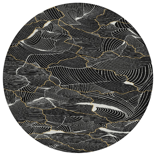 HomeRoots 5' Stunning Black Ivory Gold Abstract Washable Rug for Indoor Outdoor Spaces – Stylish & Durable 8' Round 601034