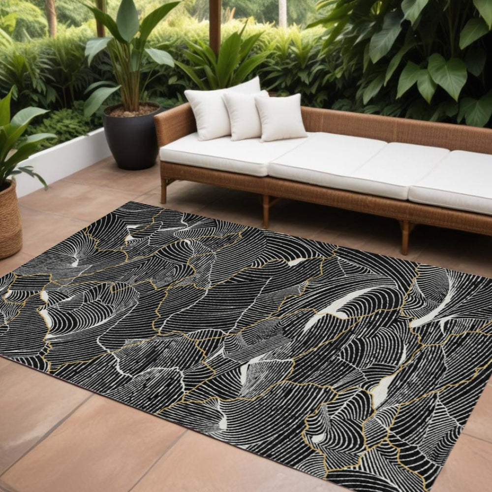 HomeRoots 9' Modern Black Ivory Gold Abstract Washable Area Rug for Indoor & Outdoor Spaces - Easy Care! 601036