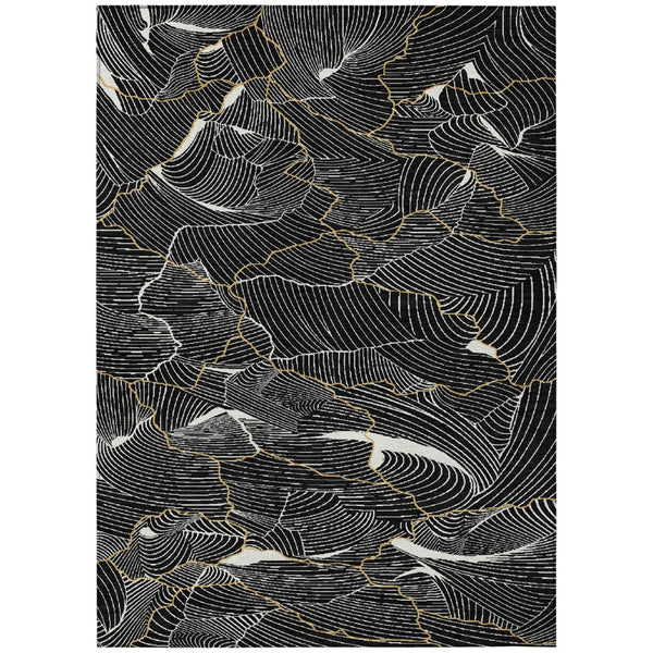 HomeRoots 5' Stunning Black Ivory Gold Abstract Washable Rug for Indoor Outdoor Spaces – Stylish & Durable 10' X 14' 601037