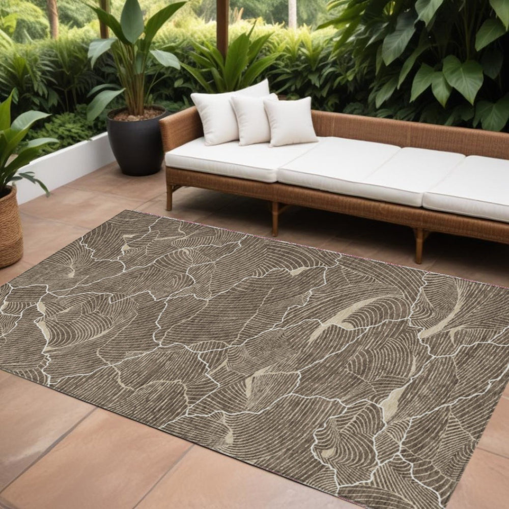 HomeRoots 5' Modern Brown and Ivory Abstract Area Rug - Durable, Washable Design for Indoor and Outdoor Spaces 10' X 14' 601043
