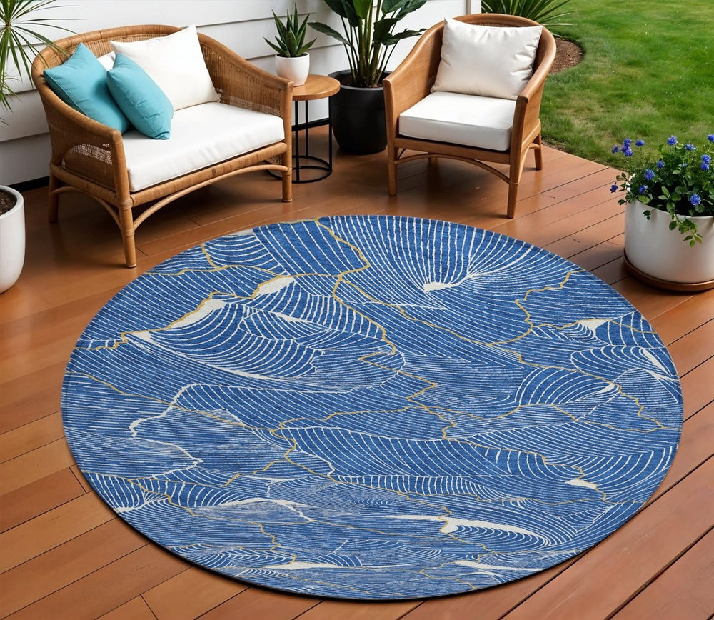 HomeRoots 5' Modern Abstract Area Rug in Blue, Ivory, and Gold – Washable Indoor-Outdoor Style for Any Space 8' Round 601046