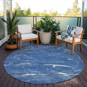 Homeroots 3' Aqua And Ivory Abstract Washable Indoor-outdoor Area Rug For Stylish Living Spaces & Patios 8' Round Polyester 601046