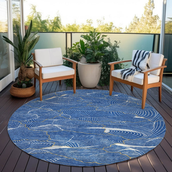 Homeroots 3' Aqua And Ivory Abstract Washable Indoor-outdoor Area Rug For Stylish Living Spaces & Patios 8' Round Polyester 601046
