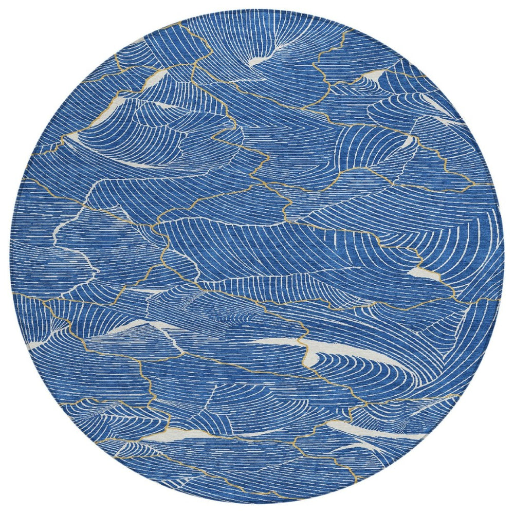 HomeRoots 5' Modern Abstract Area Rug in Blue, Ivory, and Gold – Washable Indoor-Outdoor Style for Any Space 8' Round 601046