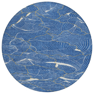 HomeRoots 5' Modern Abstract Area Rug in Blue, Ivory, and Gold – Washable Indoor-Outdoor Style for Any Space 8' Round 601046