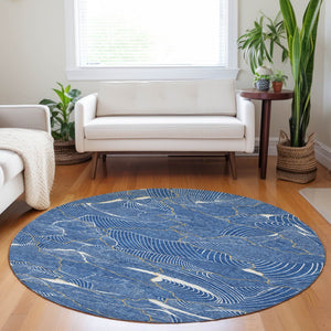 Homeroots 3' Aqua And Ivory Abstract Washable Indoor-outdoor Area Rug For Stylish Living Spaces & Patios 8' Round Polyester 601046