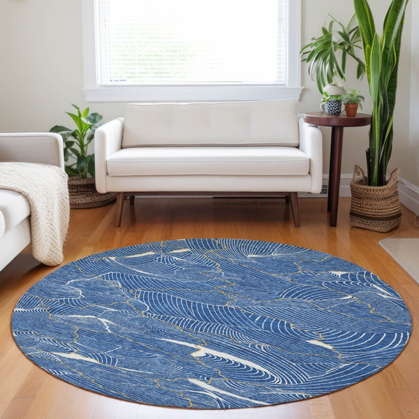 Homeroots 3' Aqua And Ivory Abstract Washable Indoor-outdoor Area Rug For Stylish Living Spaces & Patios 8' Round Polyester 601046
