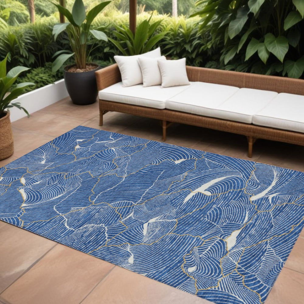 HomeRoots 9' X 12' Abstract Blue Ivory Gold Area Rug - Stylish, Washable, Indoor/Outdoor Decor for Any Space 601048