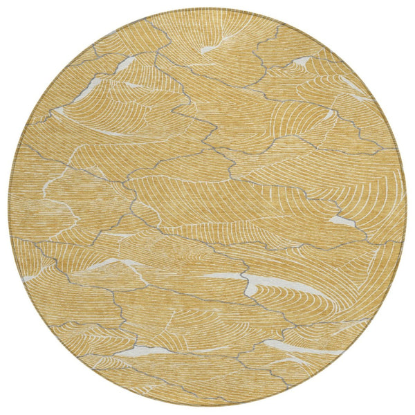 HomeRoots 5' Gold Charcoal and Ivory Abstract Area Rug – Stylish, Washable Indoor/Outdoor Carpeting for Any Space 8' Round 601058