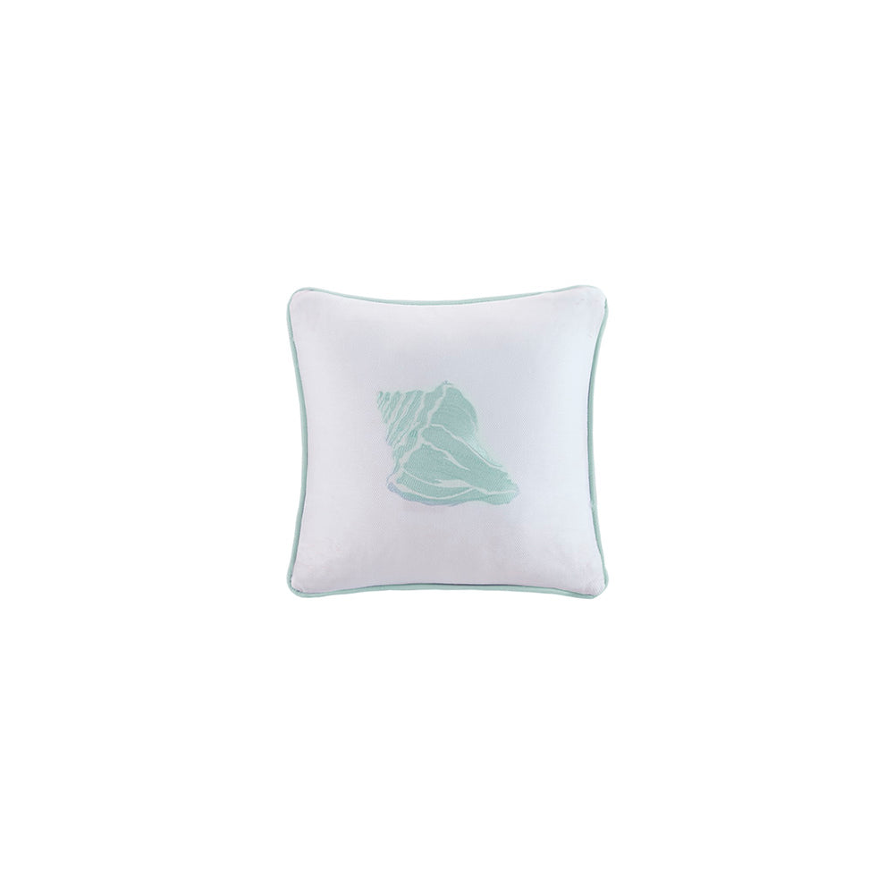 JLA Home Harbor House Blue - Square Harbor House Coastal Embroidered Conch Pillow 16x16 in Cotton Jacquard with Aqua Piping, Textured Accent HH30-401A