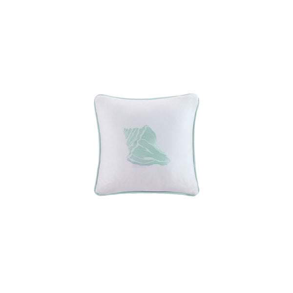 JLA Home Harbor House Blue - Square Harbor House Coastal Embroidered Conch Pillow 16x16 in Cotton Jacquard with Aqua Piping, Textured Accent HH30-401A