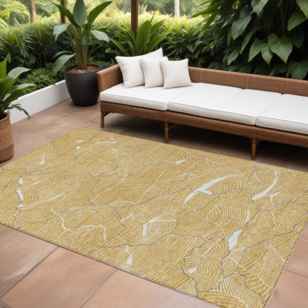 HomeRoots 5' Gold Charcoal and Ivory Abstract Area Rug – Stylish, Washable Indoor/Outdoor Carpeting for Any Space 8' X 10' 601059