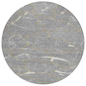 HomeRoots 5' Modern Abstract Gray Brown Ivory Area Rug - Washable Indoor Outdoor Design for Busy Homes 8' Round 601064