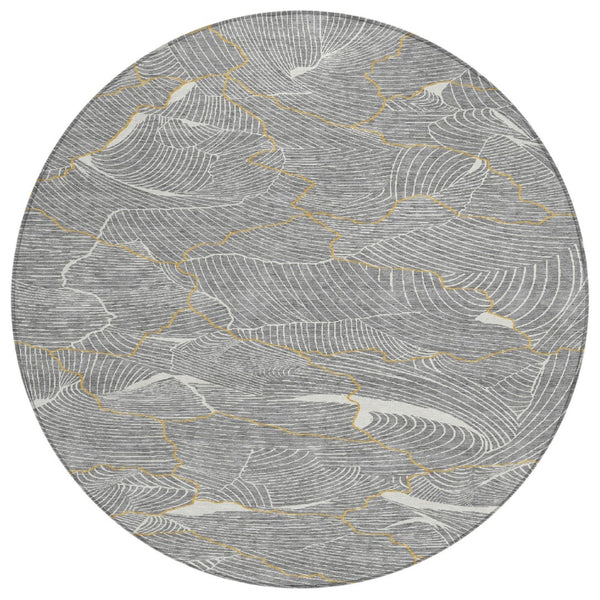HomeRoots 5' Modern Abstract Gray Brown Ivory Area Rug - Washable Indoor Outdoor Design for Busy Homes 8' Round 601064