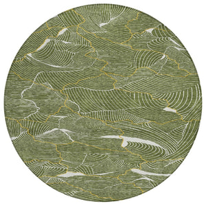 HomeRoots 5' Abstract Washable Indoor Outdoor Area Rug in Olive Green, Gold, and Ivory - Modern Style & Easy Care 8' Round 601076