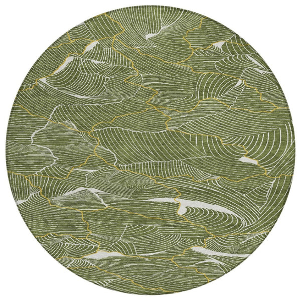 HomeRoots 5' Abstract Washable Indoor Outdoor Area Rug in Olive Green, Gold, and Ivory - Modern Style & Easy Care 8' Round 601076
