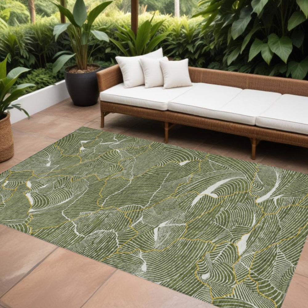HomeRoots 9' X 12' Olive Green Gold Ivory Abstract Area Rug - Washable, Durable for Indoor & Outdoor Use 601078
