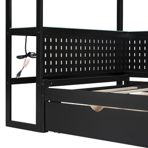 English Elm Twin Gaming Daybed with Led Strips Desk Pegboard Bookcase and Three Storage Drawers Black+Blue N820S00083C