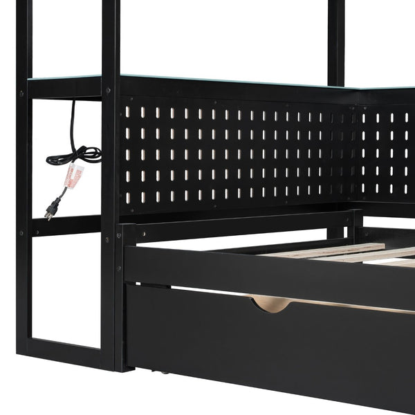 English Elm Twin Gaming Daybed with Led Strips Desk Pegboard Bookcase and Three Storage Drawers Black+Blue N820S00083C