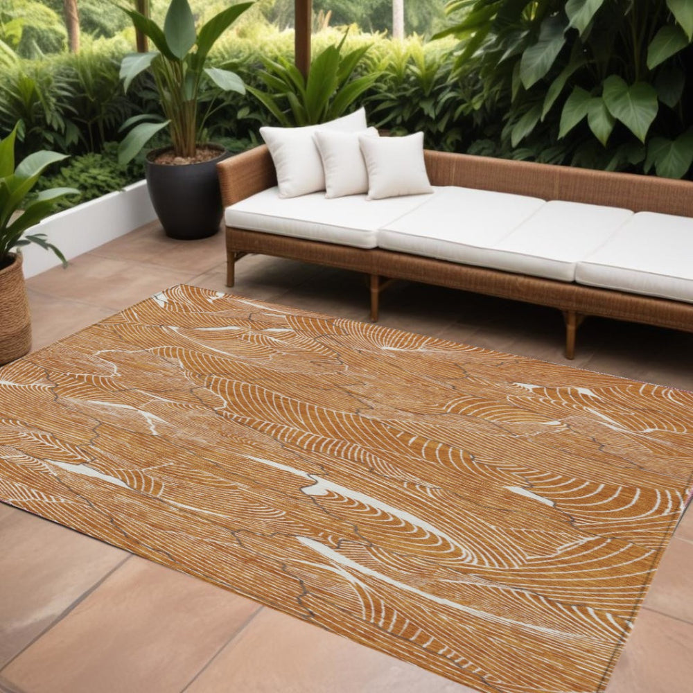 HomeRoots 9' Copper Brown & Ivory Abstract Area Rug - Stylish, Washable Indoor-Outdoor Design for High Traffic 601090