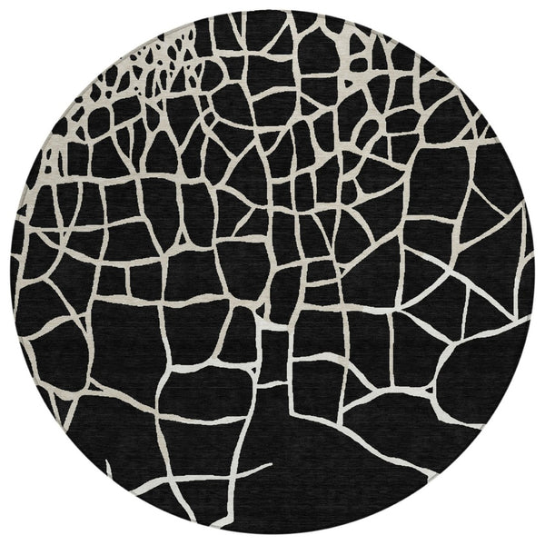 HomeRoots 5' Black and Beige Abstract Area Rug - Washable, Durable, Indoor/Outdoor, Modern Design for All Spaces 8' Round 601106